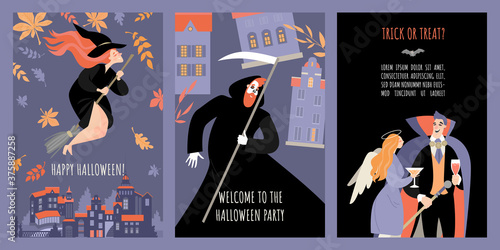 Set of vector invitation banners for halloween party with cartoon funny characters in costumes and witch flying over the city.