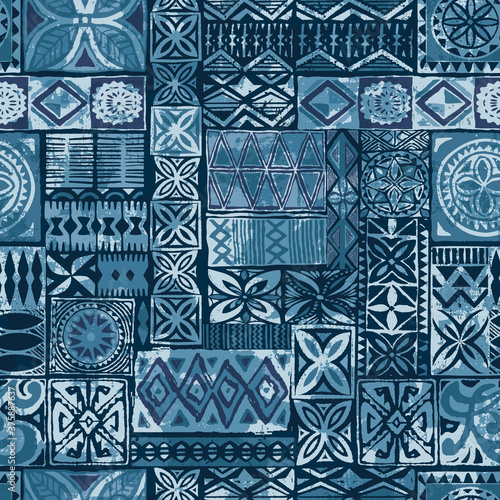 Hawaiian style blue tapa tribal fabric abstract patchwork vintage vector seamless pattern