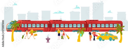 Vacation travel around world train, hot tour tourist, peregrinate world, baggage , design, cartoon style vector illustration. summer vacation tourism, furlough theme, object route location, outdoors. © partyvector