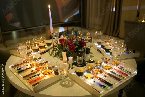 Laid table with food and drinks for a festive event