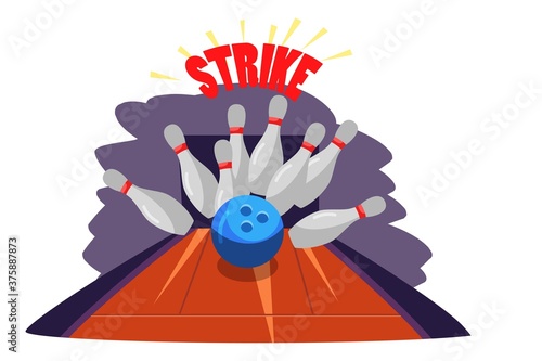 Strike win in bowling background scene. Lane with tenpins, ball hitting skittles at club. Recreation and hobby vector illustration. Night entertainment, fun leisure activity