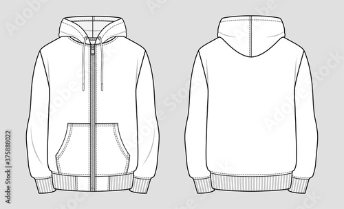 Hooded sweat jacket with zipper. Technical sketch of clothes. Fashion vector illustration