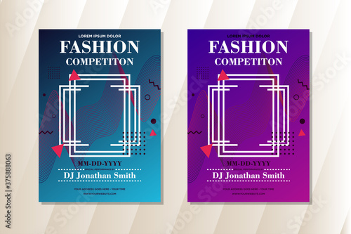 Fashion competition of flyer design template use vertical layout. rectangle space on the middle used to people photo. Blue and purple gradient colors choice.  mamphis style with line pattern oranament