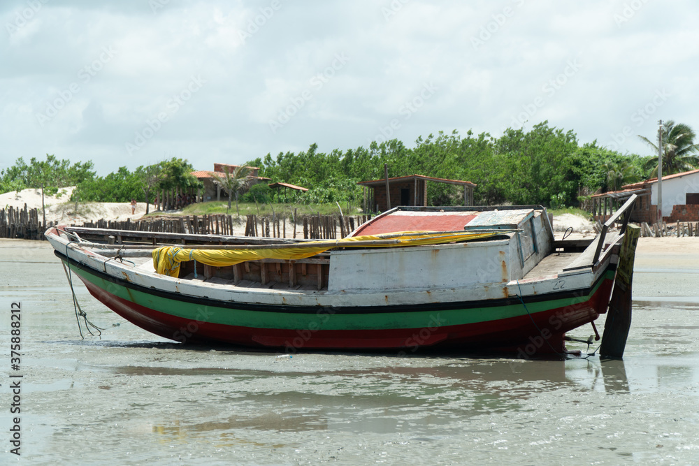 Fototapeta premium Picture of a boat, some trees and a cloud sky