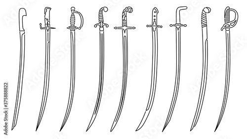 Set of simple vector images of saber swords with decorative hilts drawn in art line style.