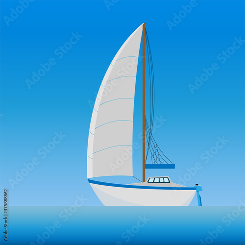 vector illustration drawing of a white yacht with a cockpit, an open sail standing in the water against a blue gradient sky background