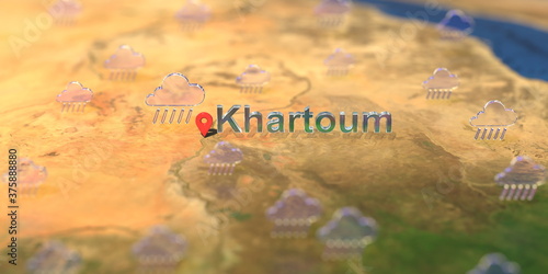 Khartoum city and rainy weather icon on the map, weather forecast related 3D rendering