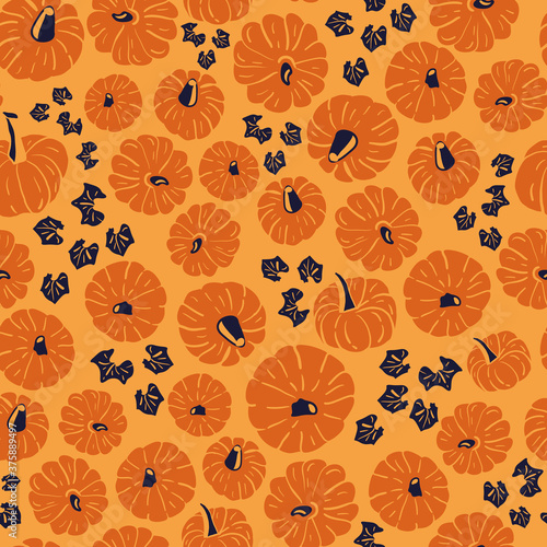 Vector orange pumpkins blue seamless pattern leaves