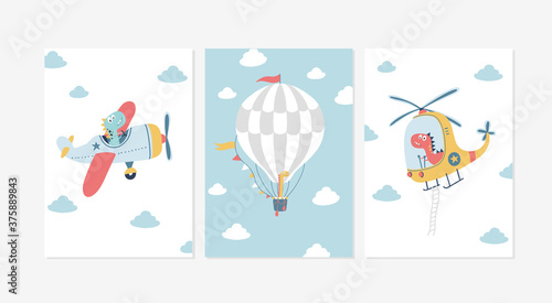 Cute posters with the sweet dinosaur and giraffe vector prints for baby room, baby shower, greeting card, kids and baby t-shirts, and wear.