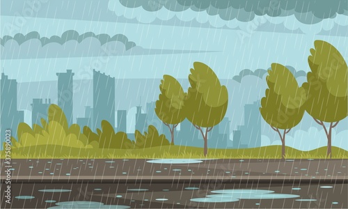 Rainy weather urban background. Outdoor street in rain, pavement in puddles, sky with clouds, buildings. Autumn bad weather vector illustration. Modern roadside in rain storm