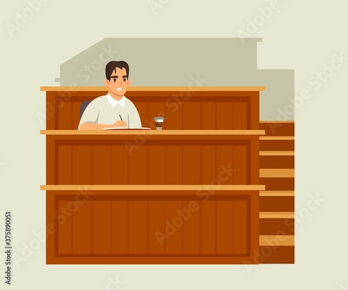 Teen student studying at college. Boy at university receiving higher education. Smiling pupil learning and writing at class, sitting with coffee. Lecture amphitheater vector illustration