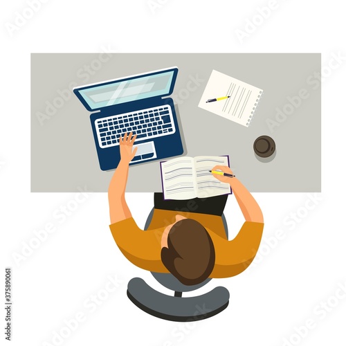 Man working in workspace. Male studying at desk with laptops and books in university campus, cafe or office workplace. Business interior design vector illustration