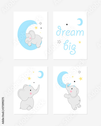 Cute posters with little elephant vector prints for baby room, baby shower, greeting card, kids and baby t-shirts, and wear. Hand drawn nursery