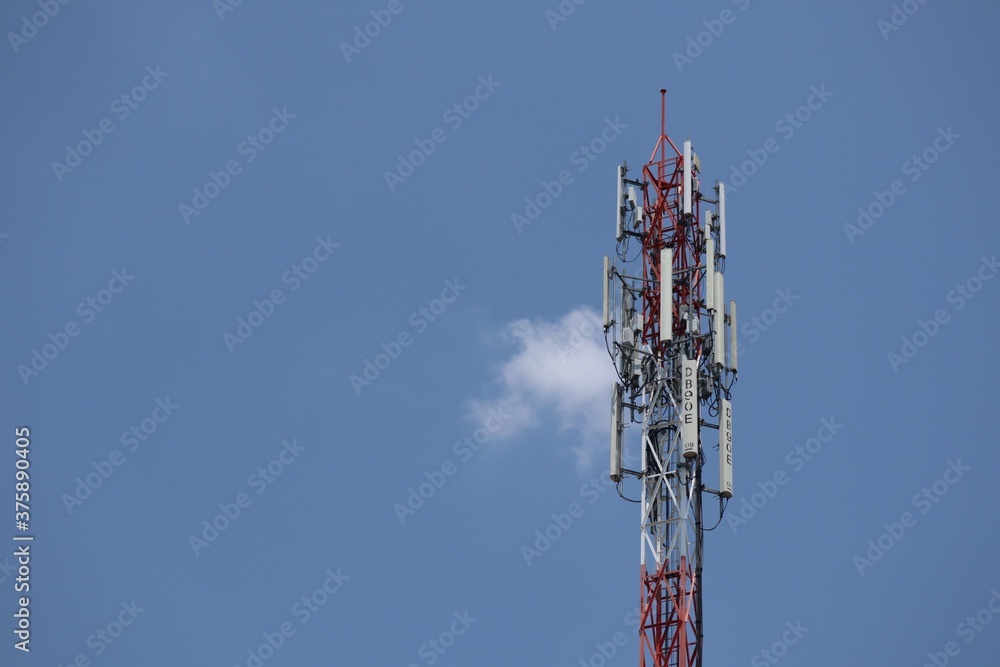 Telecommunications antennas, radio and satellite communication technology, telecommunications industry Mobile network or telecommunications 4g separated from the blue background. Telecommunications antennas, radio and satellite communication technology, telecommunications industry Mobile network or telecommunications 4g separated from the blue background.