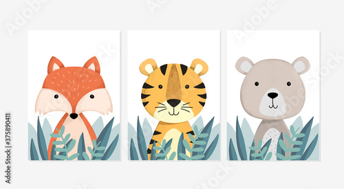 Cute posters with a little fox, tiger, and bear vector prints for baby room, baby shower, greeting card, kids and baby t-shirts, and wear. Hand drawn nursery