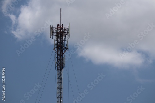 Telecommunications antennas, radio and satellite communication technology, telecommunications industry Mobile network or telecommunications 4g separated from the blue background.