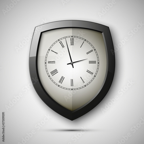Protected guard shield clock icon . Safety badge watch icon. Privacy colorful banner shield. Security clock label. Defense watch tag. Presentation clock sticker shield. Defense safeguard watch sign