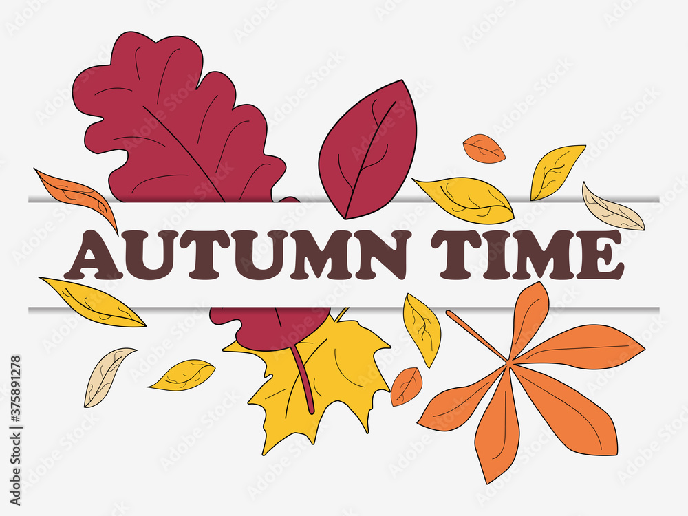 Autumn time banner with yellow leaves isolated on white background. Design a template for invitations, leaflets and greeting cards. Vector illustration