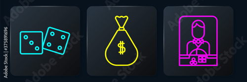 Set line Game dice, Casino dealer and Money bag. Black square button. Vector.