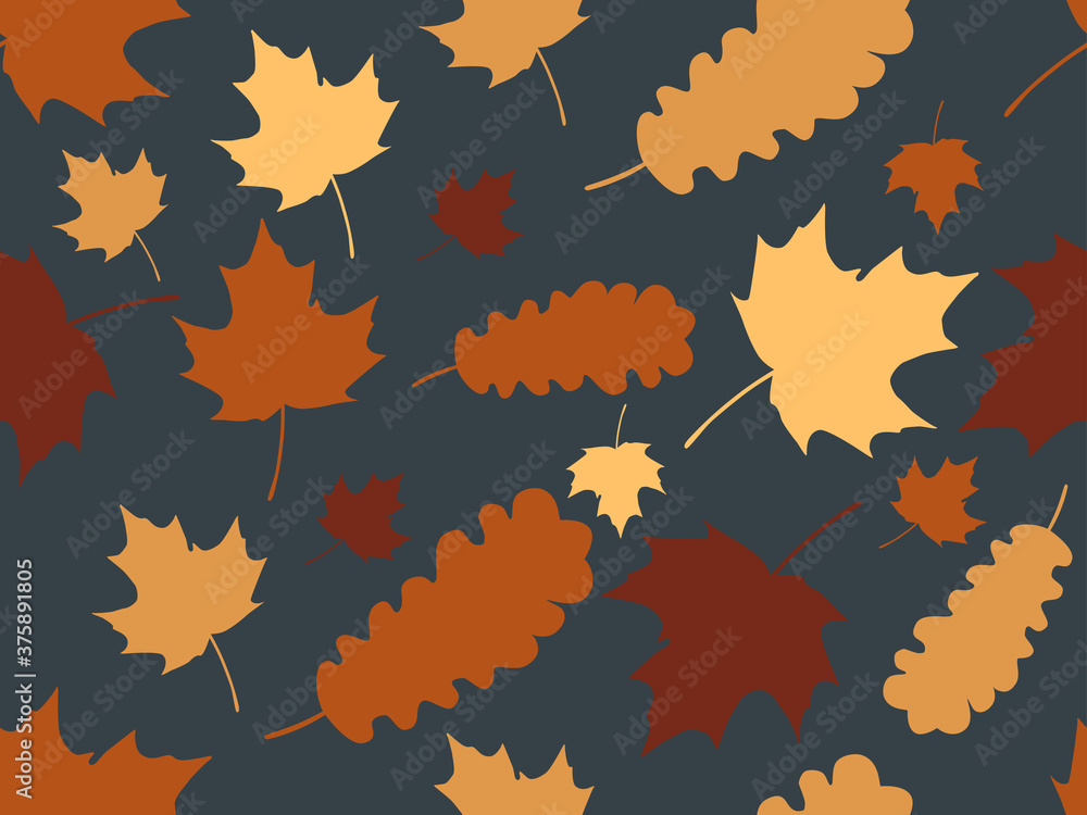 Autumn leaves seamless pattern. Falling leaves, leaf fall. Oak and maple. Background for wrapping paper, print, fabric and printing. Vector illustration