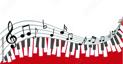 World piano day. Piano keyboard keys sign. instrument. Music notes, musical waves staff, line pattern symbols. Vector key stave background banner. Classic clef Doodle quaver G melody. Cartoon signs.