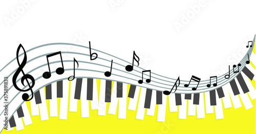 World piano day. Piano keyboard keys sign. instrument. Music notes, musical waves staff, line pattern symbols. Vector key stave background banner. Classic clef Doodle quaver G melody. Cartoon signs.