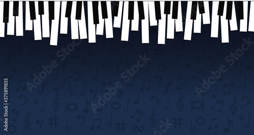 World piano day. Piano keyboard keys sign. instrument. Music notes  musical waves staff  line pattern symbols. Vector key stave background banner. Classic clef Doodle quaver G melody. Cartoon signs.