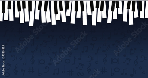World piano day. Piano keyboard keys sign. instrument. Music notes, musical waves staff, line pattern symbols. Vector key stave background banner. Classic clef Doodle quaver G melody. Cartoon signs.