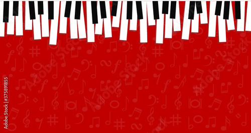 World piano day. Piano keyboard keys sign. instrument. Music notes, musical waves staff, line pattern symbols. Vector key stave background banner. Classic clef Doodle quaver G melody. Cartoon signs.