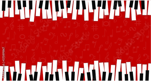 World piano day. Piano keyboard keys sign. instrument. Music notes, musical waves staff, line pattern symbols. Vector key stave background banner. Classic clef Doodle quaver G melody. Cartoon signs.