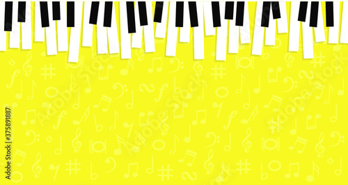 World piano day. Piano keyboard keys sign. instrument. Music notes, musical waves staff, line pattern symbols. Vector key stave background banner. Classic clef Doodle quaver G melody. Cartoon signs.