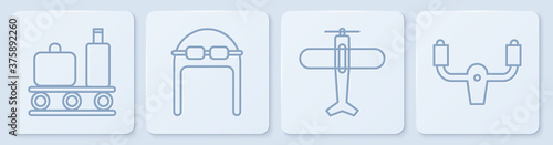 Set line Airport conveyor belt with suitcase, Plane, Aviator hat with goggles and Aircraft steering helm. White square button. Vector.
