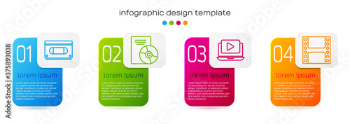 Set line VHS video cassette tape, CD or DVD disk, Online play video and Play Video. Business infographic template. Vector.