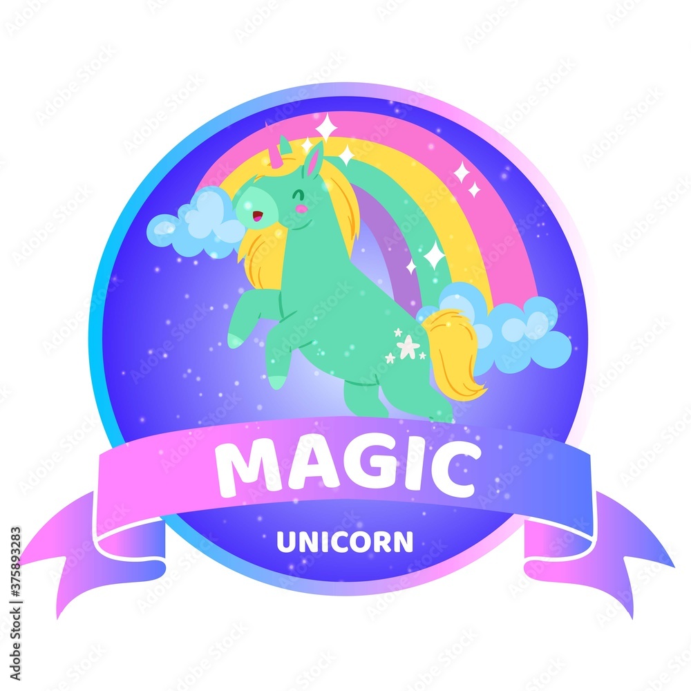 Magic unicorn banner inscription, background information, beautiful bright animal, cartoon vector illustration, isolated on white. Cute fantasy horse, rainbow unicorn with animation, happy fairy tale.