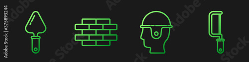 Set line Worker safety helmet, Trowel, Bricks and Hacksaw. Gradient color icons. Vector.