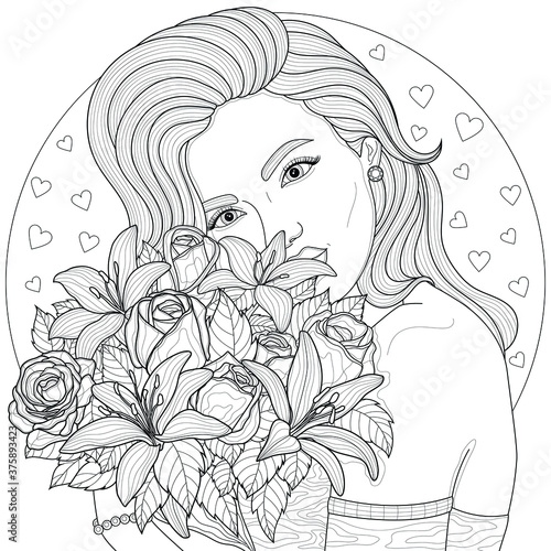 Girl holding a bouquet of flowers.Coloring book antistress for children and adults. Illustration isolated on white background.Black and white drawing.Zen-tangle style.