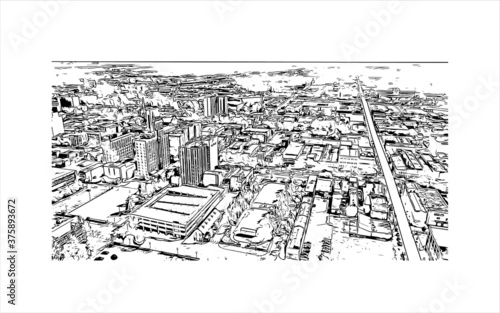 Building view with landmark of Augusta is a city in Georgia, near the South Carolina border. Hand drawn sketch illustration in vector.