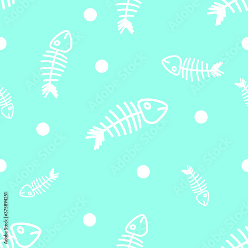 shameless white Fishbone doodle cartoon style icon pattern on surfgreen,cyan background vector use for wall decoration and website. pet shop and gaming background