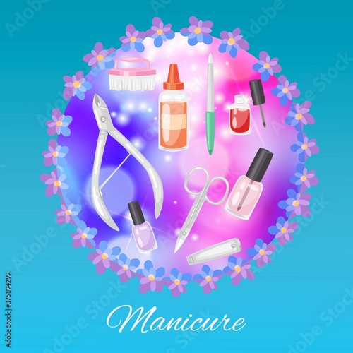 Manicure background, fashion beauty, glamor beautiful cosmetics, pedicure set, salon design, cartoon style vector illustration. Care tools, glamor decoration, equipment concept, female chiropody.