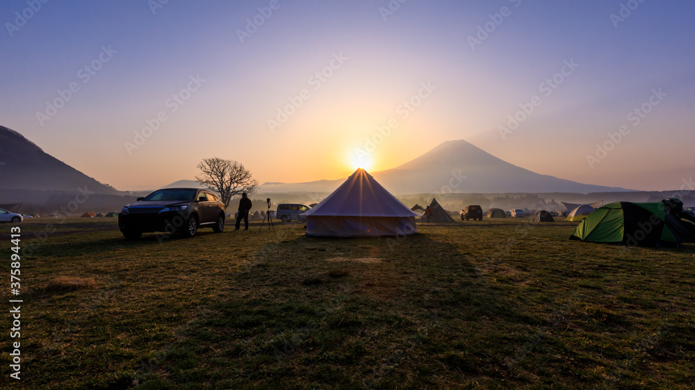 Mt. Fuji with Fumotopara camping ground at sunrise