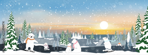 Vector winter landscape with mountain landscape of misty pine trees forest in the morning, Peaceful panorama natural with happy family polar bear and cubs relaxing in evening