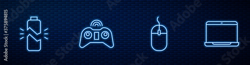 Set line Computer mouse, Broken battery, Wireless gamepad and Laptop. Glowing neon icon on brick wall. Vector.