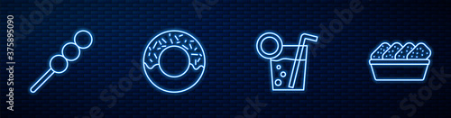 Set line Cocktail, Meatballs on wooden stick, Donut and Chicken nuggets in box. Glowing neon icon on brick wall. Vector.