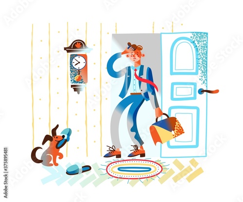 Tired businessman returns home. Dog greeted sad employee