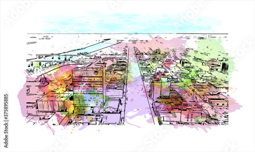 Building view with landmark of Augusta is a city in Georgia, near the South Carolina border. Watercolor splash with hand drawn sketch illustration in vector.