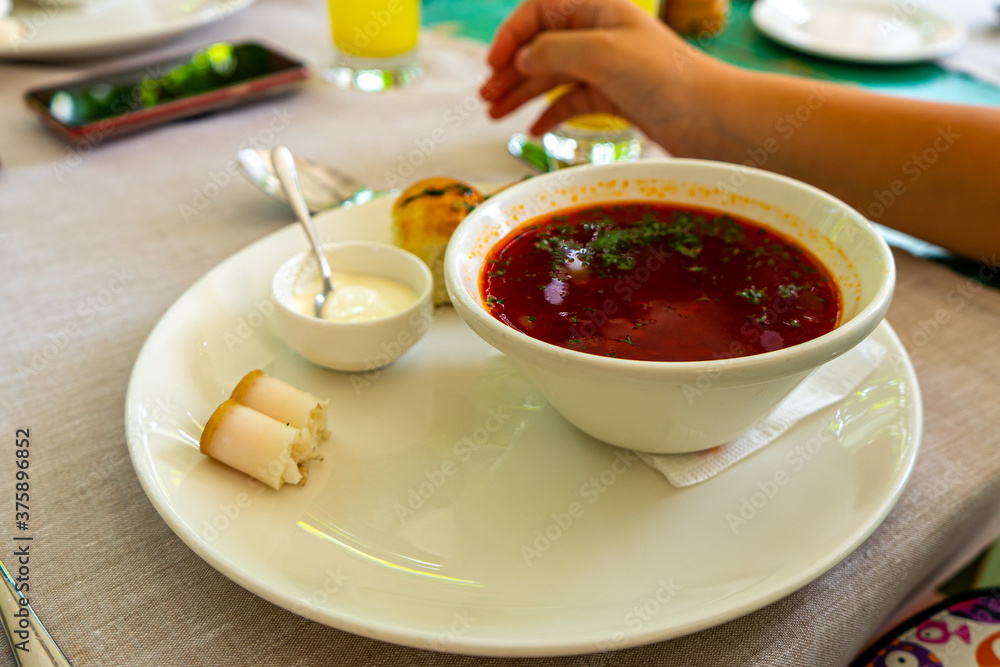 Beet soup in ceramic plate with becon, bread and sour cream on wooden board. Borch, traditional Ukrainian food Beet soup in ceramic plate with becon, bread and sour cream on wooden board. Borch, traditional Ukrainian food
