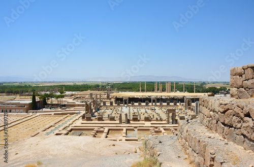 General view of Persepolis from the tomb of Artaxerxes III, facing the northwest.View includes the Hall of 100 Columns, the Apadana, the Palaces of Darius and Xerxes, the Treasury, Queen's Palace etc.