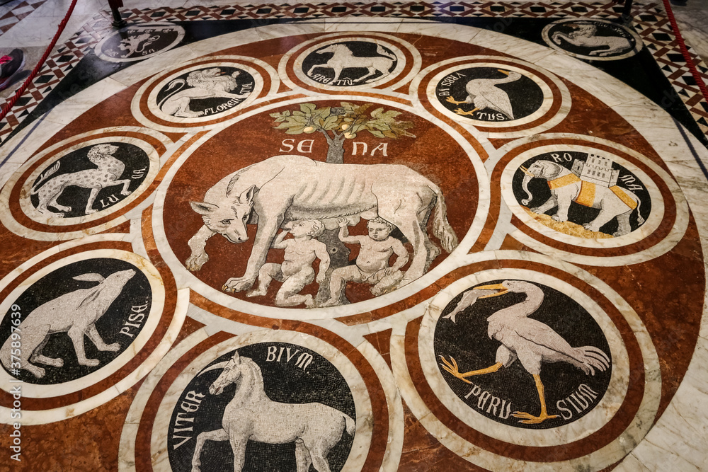Marvelous close-up view of the inlaid marble mosaic floor of the Duomo di Siena depicting the She-Wolf of Siena with the emblems of the confederate cities (Lupa senese e simboli delle città alleate).
