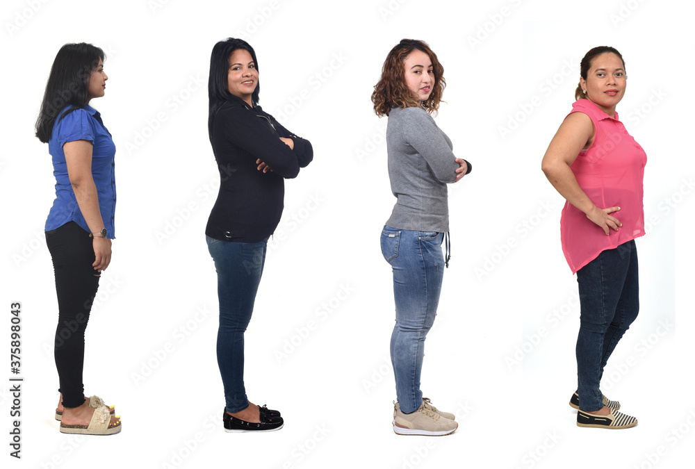 side view of a group of Latin American women on white background side view of a group of Latin American women on white background