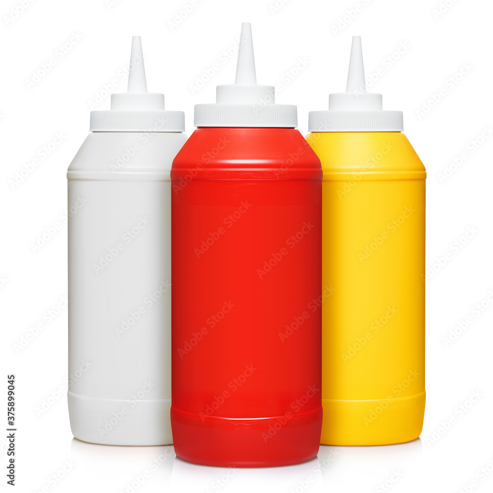 Bottles containing ketchup, mayonnaise and mustard, isolated on white background Bottles containing ketchup, mayonnaise and mustard, isolated on white background
